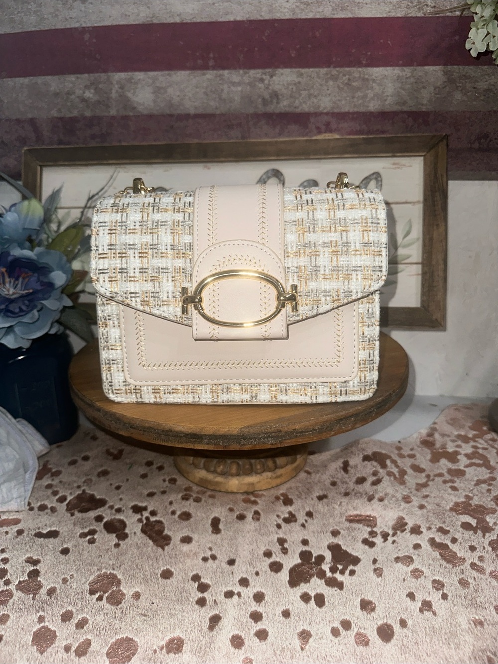 NWOT Cream Tweed Crossbody Bag with Gold and silver accent